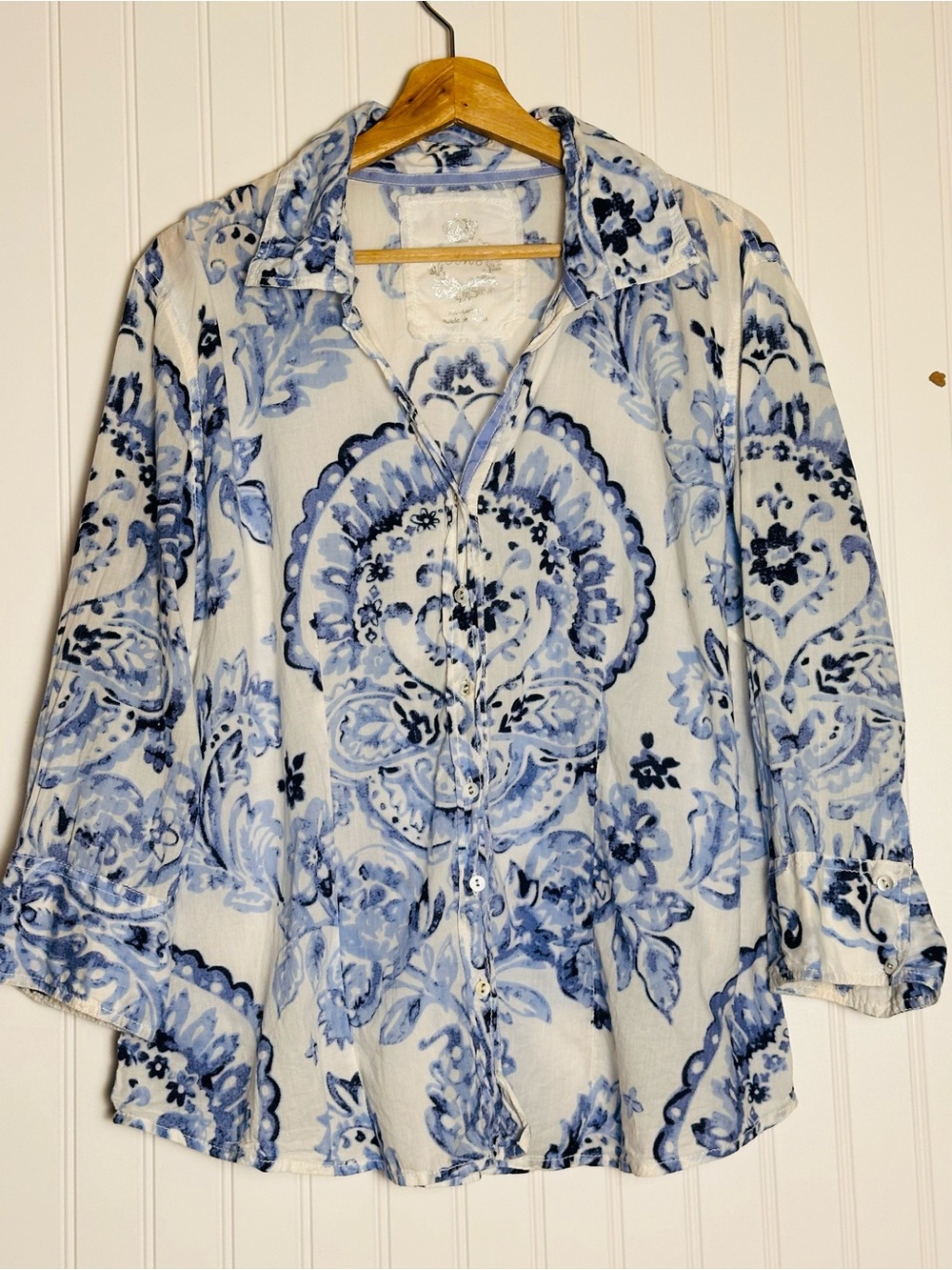 Cino Blue and White Paisley Damask Button-Down Blouse XXL Cotton 3/4 Sleeves
